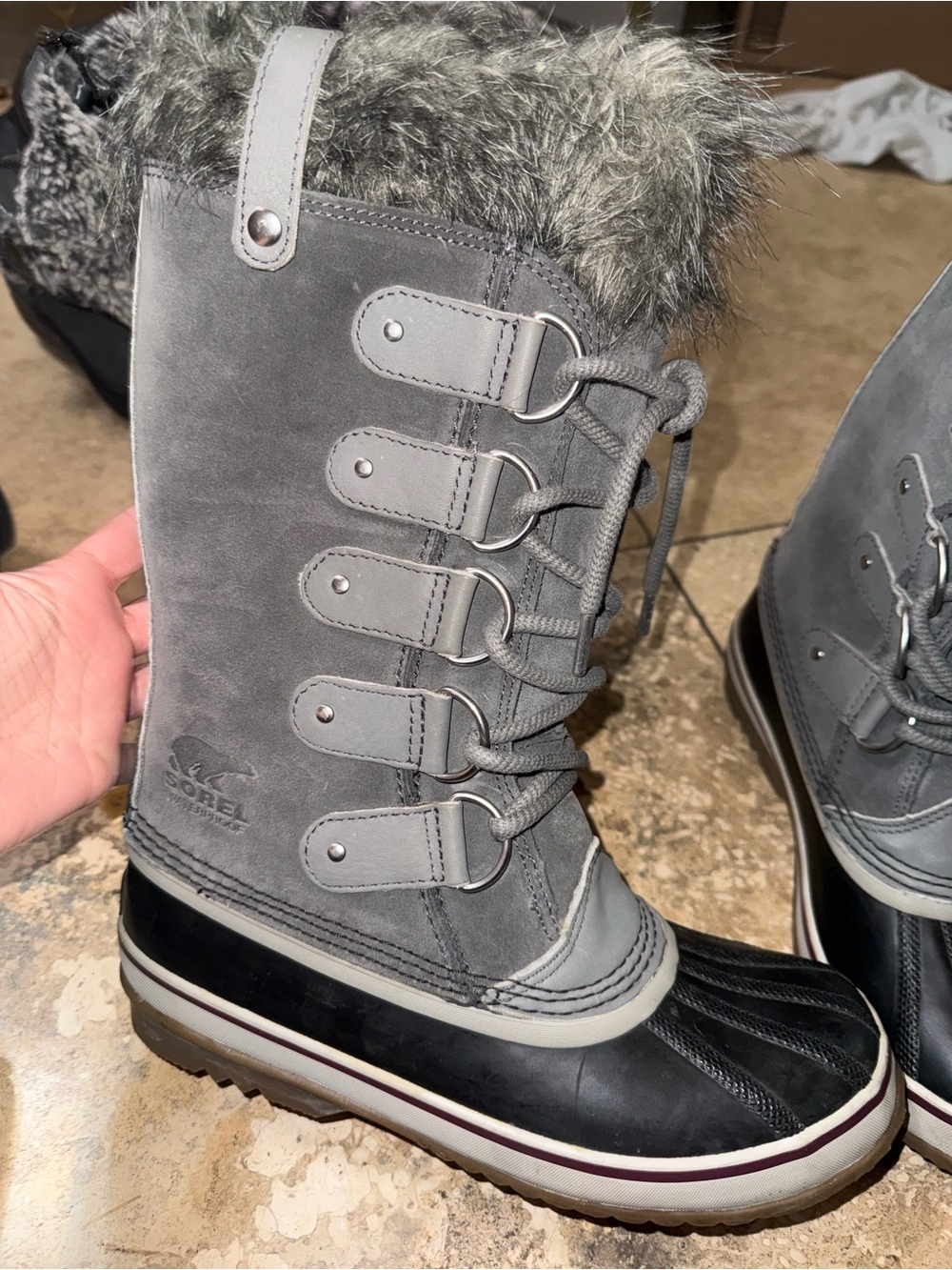 Sorel Grey Faux-Fur Lace-Up Waterproof Winter Boots